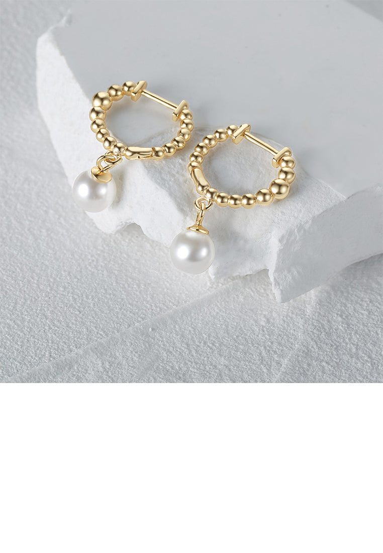 925 Sterling Silver Plated Gold Fashion and Elegant Geometric Round Bead Imitation Pearl Earrings - Luxurious Look