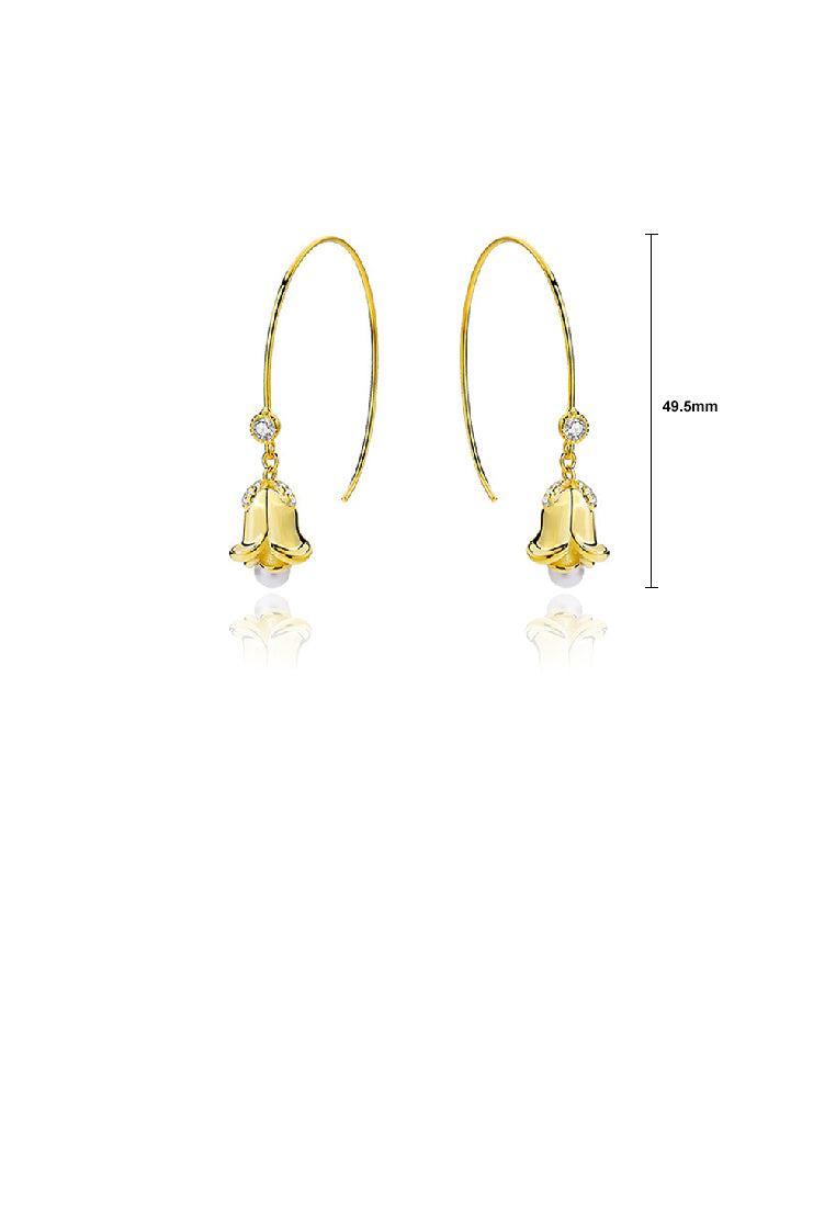 925 Sterling Silver Plated Gold Fashion Elegant Flower Imitation Pearl Long Earrings - Luxurious Look