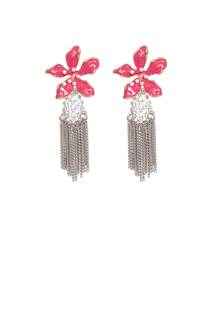 Fashion Exaggerated Enamel Rose Red Flower Tassel Earrings with Cubic Zirconia - Luxurious Look - Vibrant Color