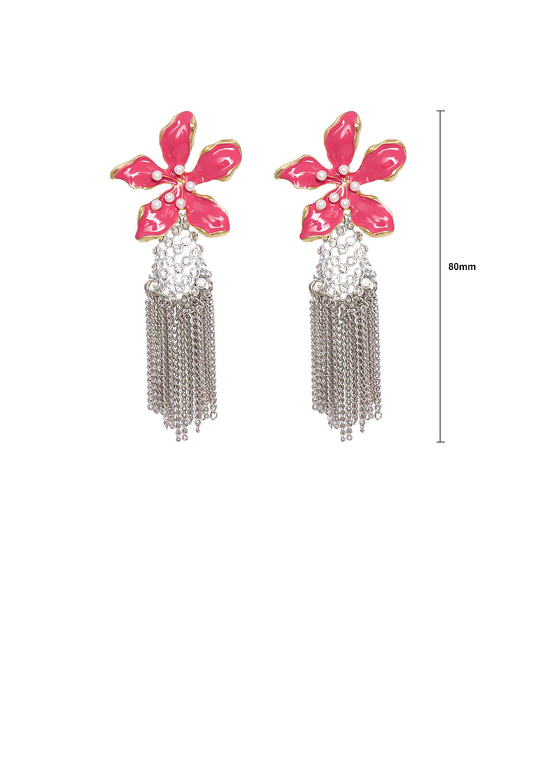 Fashion Exaggerated Enamel Rose Red Flower Tassel Earrings with Cubic Zirconia - Luxurious Look - Vibrant Color
