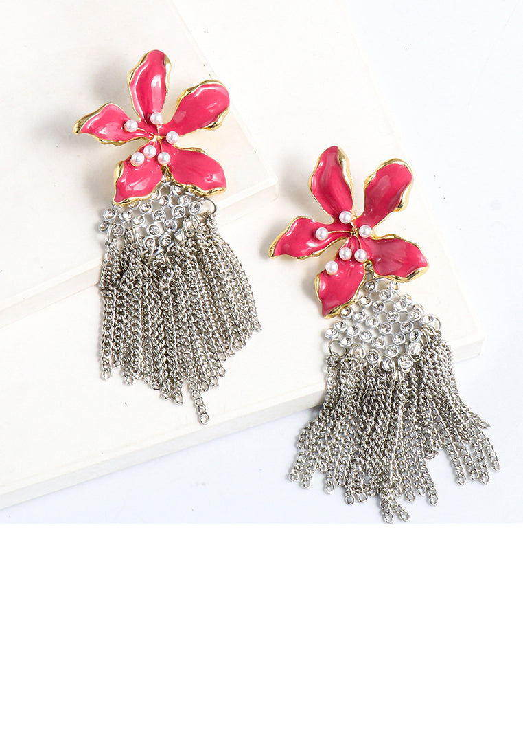 Fashion Exaggerated Enamel Rose Red Flower Tassel Earrings with Cubic Zirconia - Luxurious Look - Vibrant Color