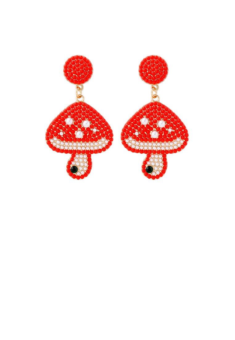 Fashion and Cute Plated Gold Mushroom Red Ball Earrings - Vibrant Color