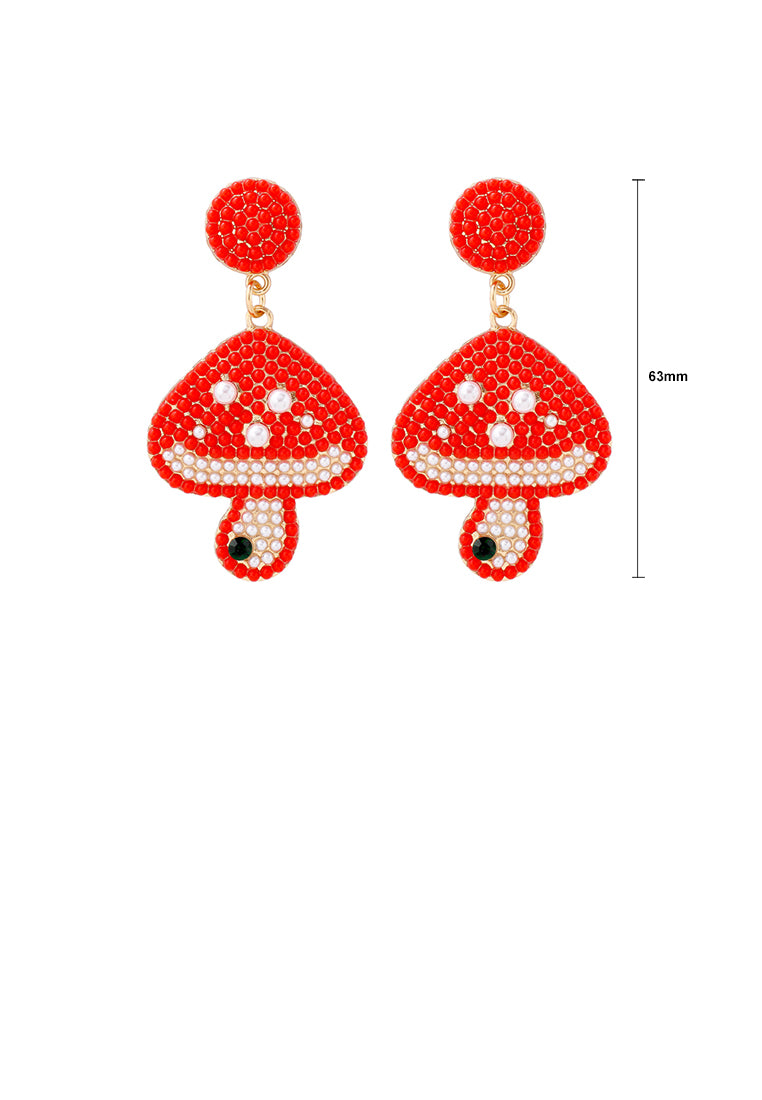 Fashion and Cute Plated Gold Mushroom Red Ball Earrings - Vibrant Color