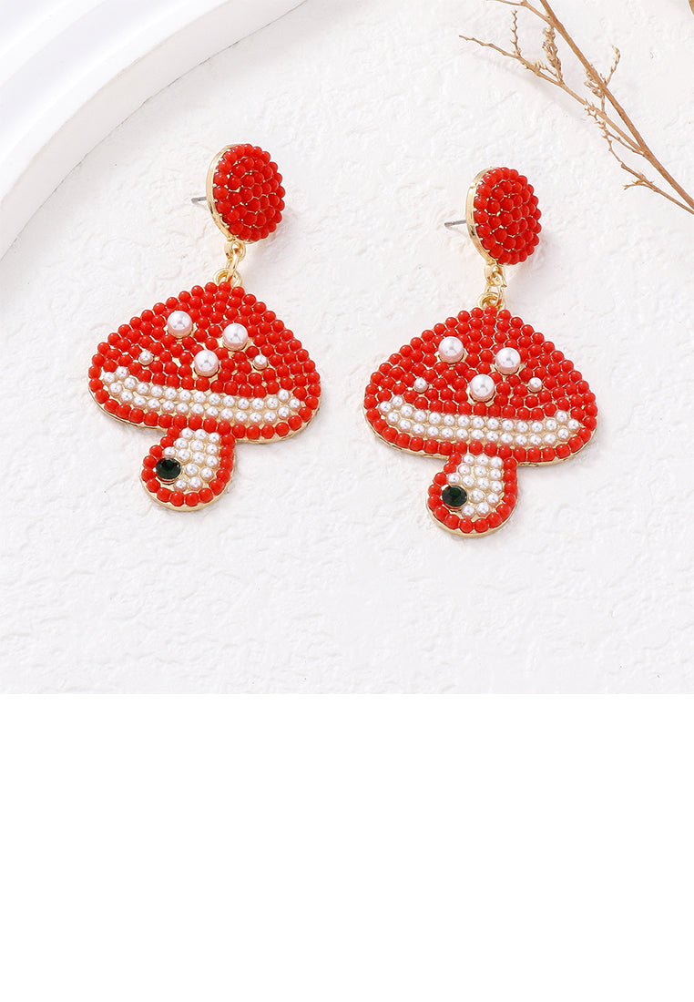 Fashion and Cute Plated Gold Mushroom Red Ball Earrings - Vibrant Color