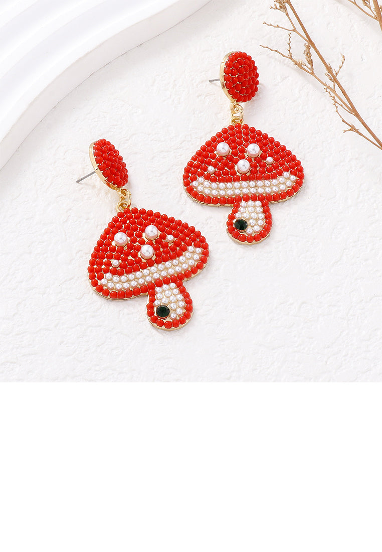 Fashion and Cute Plated Gold Mushroom Red Ball Earrings - Vibrant Color