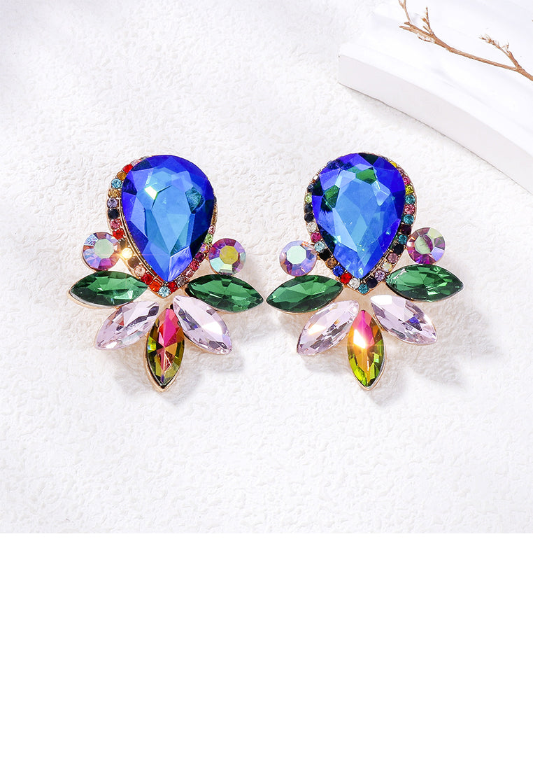 Fashion Brilliant Plated Gold Floral Stud Earrings with Blue Cubic Zirconia - Luxurious Look