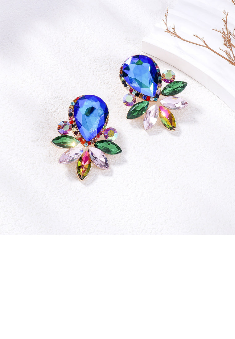 Fashion Brilliant Plated Gold Floral Stud Earrings with Blue Cubic Zirconia - Luxurious Look