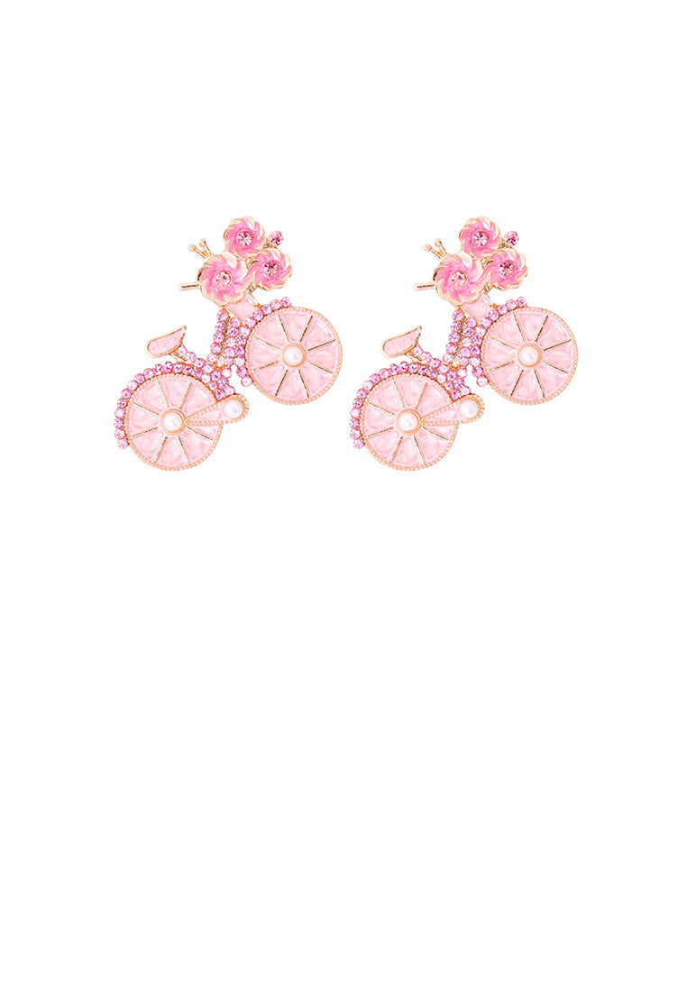 Fashion and Creative Plated Gold Enamel Pink Bicycle Stud Earrings with Cubic Zirconia - Luxurious Look - Vibrant Color