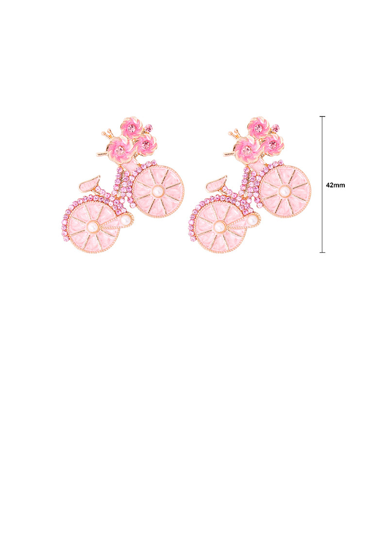 Fashion and Creative Plated Gold Enamel Pink Bicycle Stud Earrings with Cubic Zirconia - Luxurious Look - Vibrant Color