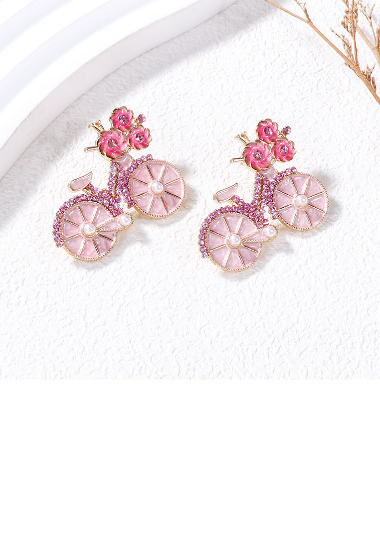 Fashion and Creative Plated Gold Enamel Pink Bicycle Stud Earrings with Cubic Zirconia - Luxurious Look - Vibrant Color