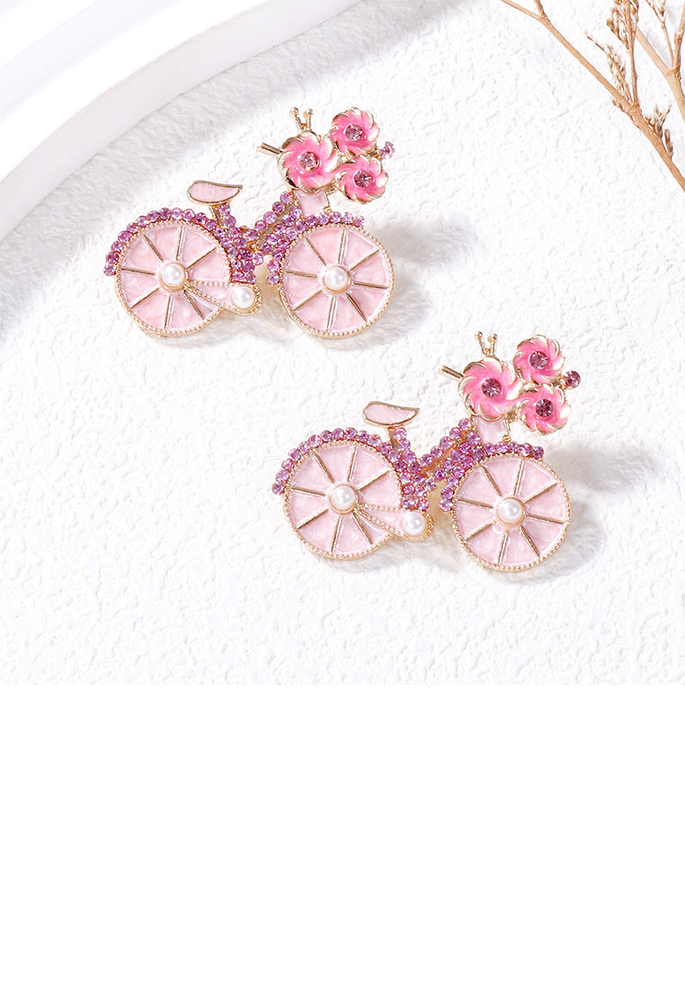 Fashion and Creative Plated Gold Enamel Pink Bicycle Stud Earrings with Cubic Zirconia - Luxurious Look - Vibrant Color