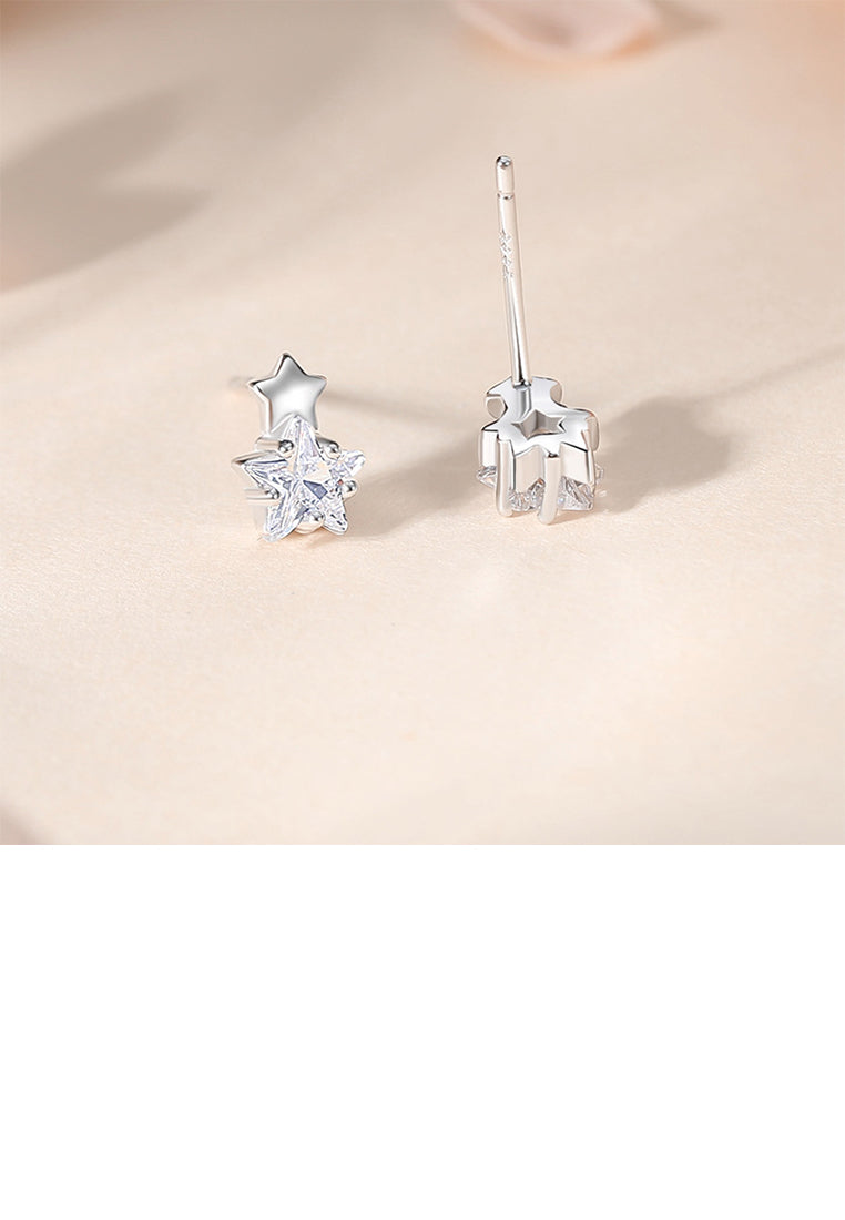 925 Sterling Silver Simple Cute Star Stud Earrings with Cubic Zirconia - Luxurious Look