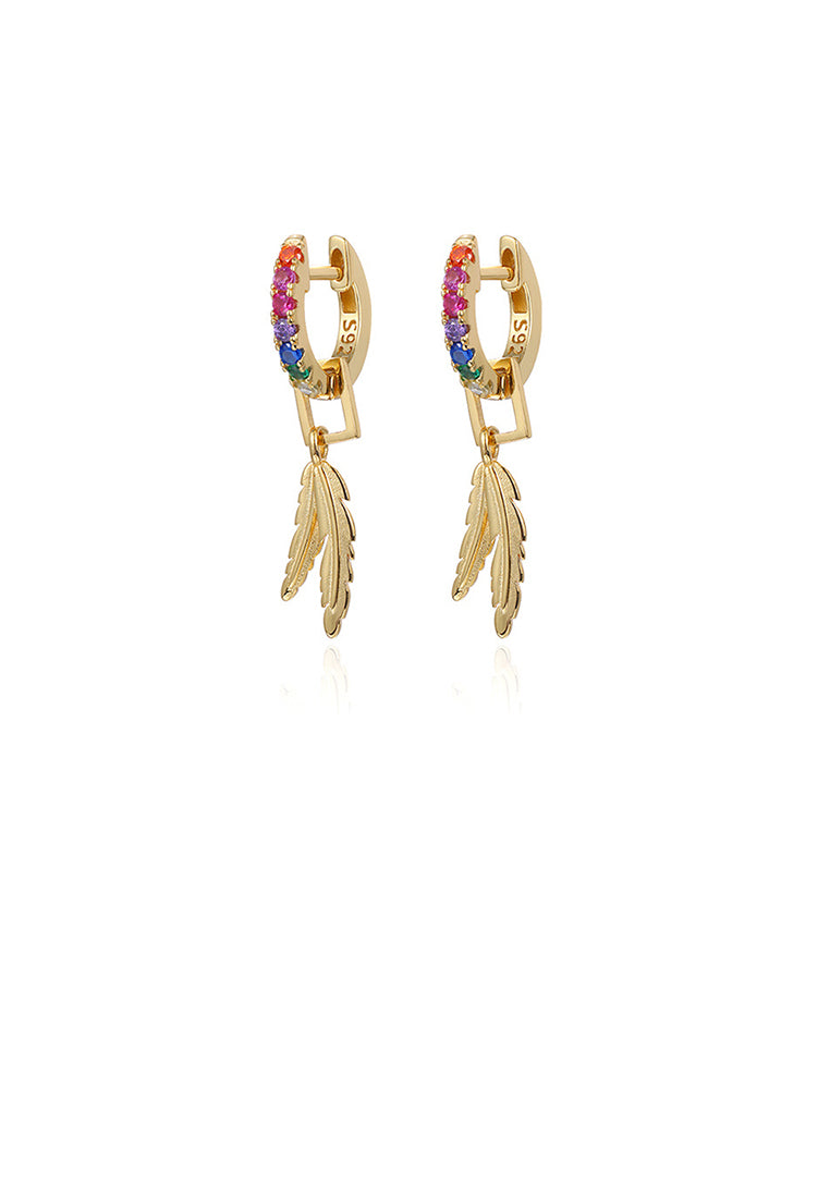 925 Sterling Silver Plated Gold Fashion Simple Feather Geometric Earrings with Colored Cubic Zirconia - Luxurious Look