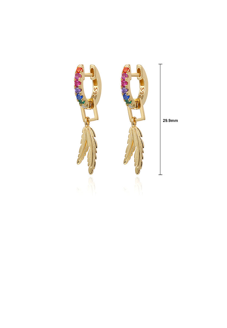 925 Sterling Silver Plated Gold Fashion Simple Feather Geometric Earrings with Colored Cubic Zirconia - Luxurious Look