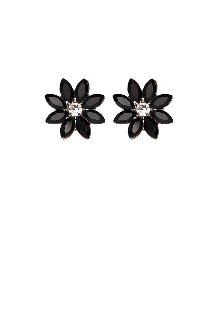 Simple and Fashion Plated Gold Flower Stud Earrings with Black Cubic Zirconia - Luxurious Look
