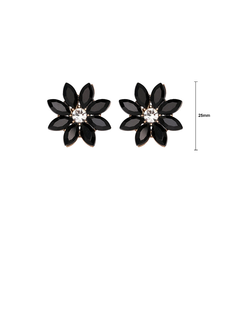 Simple and Fashion Plated Gold Flower Stud Earrings with Black Cubic Zirconia - Luxurious Look