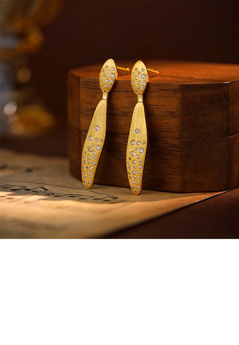 925 Sterling Silver Plated Gold Simple Personality Irregular Geometric Long Earrings with Cubic Zirconia - Luxurious Look