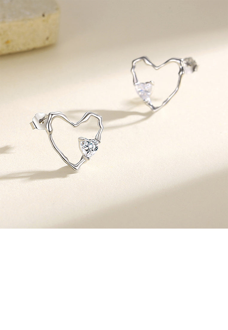 925 Sterling Silver Simple and Fashion Hollow Irregular Heart-shaped Stud Earrings with Cubic Zirconia - Luxurious Look