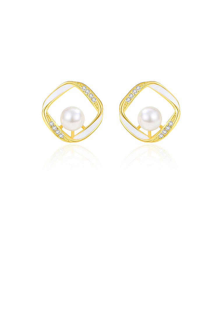925 Sterling Silver Plated Gold Simple Hollow Geometric Square Imitation Pearl Stud Earrings with Cubic Zirconia - Luxurious Look
