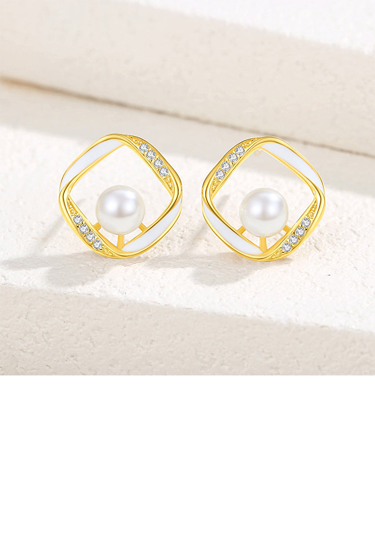 925 Sterling Silver Plated Gold Simple Hollow Geometric Square Imitation Pearl Stud Earrings with Cubic Zirconia - Luxurious Look