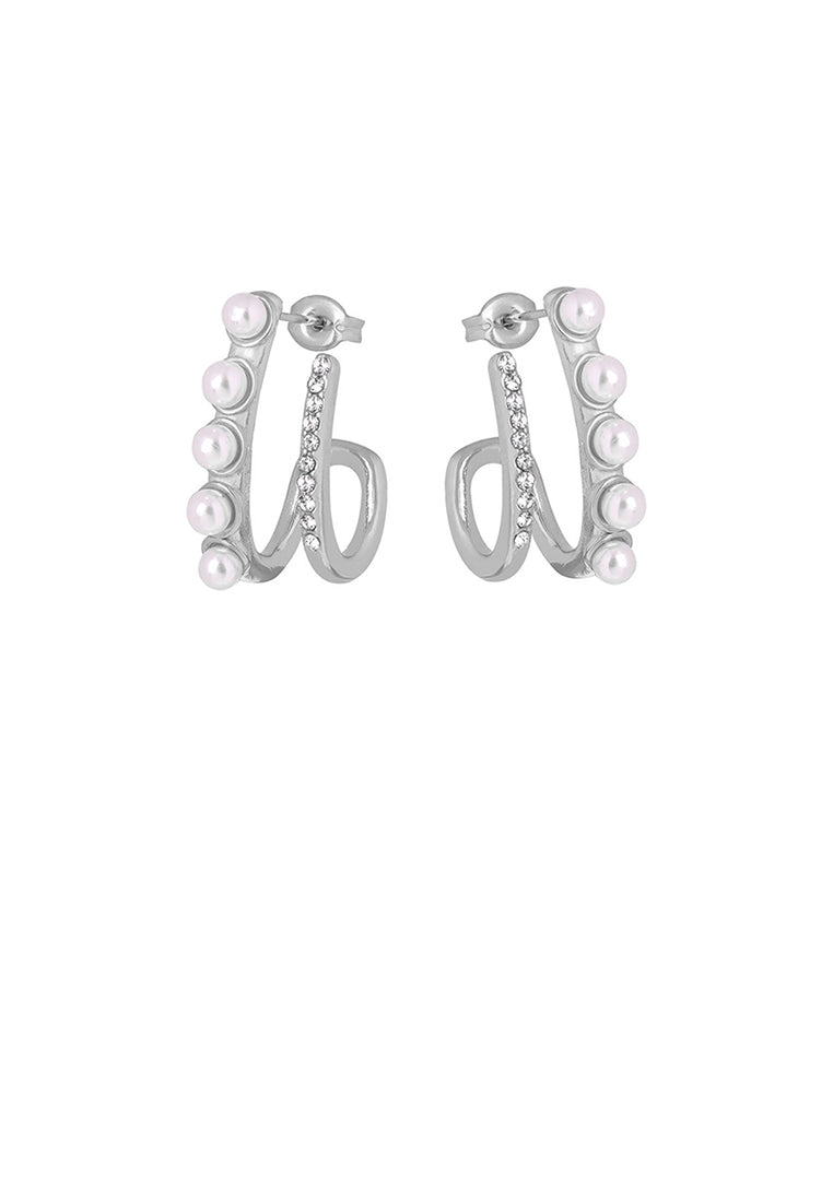 Fashion and Elegant 316L Stainless Steel Double-layer Line Imitation Pearl Geometric Stud Earrings with Cubic Zirconia - Luxurious Look