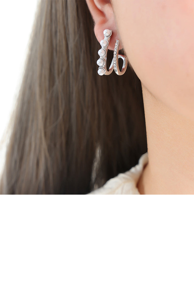 Fashion and Elegant 316L Stainless Steel Double-layer Line Imitation Pearl Geometric Stud Earrings with Cubic Zirconia - Luxurious Look