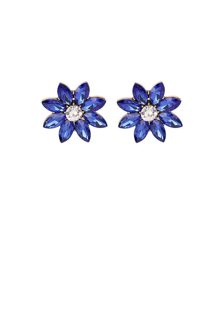 Simple and Fashion Plated Gold Flower Stud Earrings with Blue Cubic Zirconia - Luxurious Look