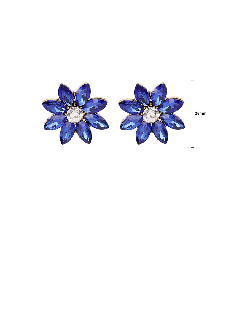 Simple and Fashion Plated Gold Flower Stud Earrings with Blue Cubic Zirconia - Luxurious Look