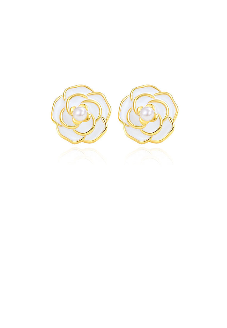 925 Sterling Silver Plated Gold Simple Elegant Camellia Imitation Pearl Stud Earrings - Luxurious Look