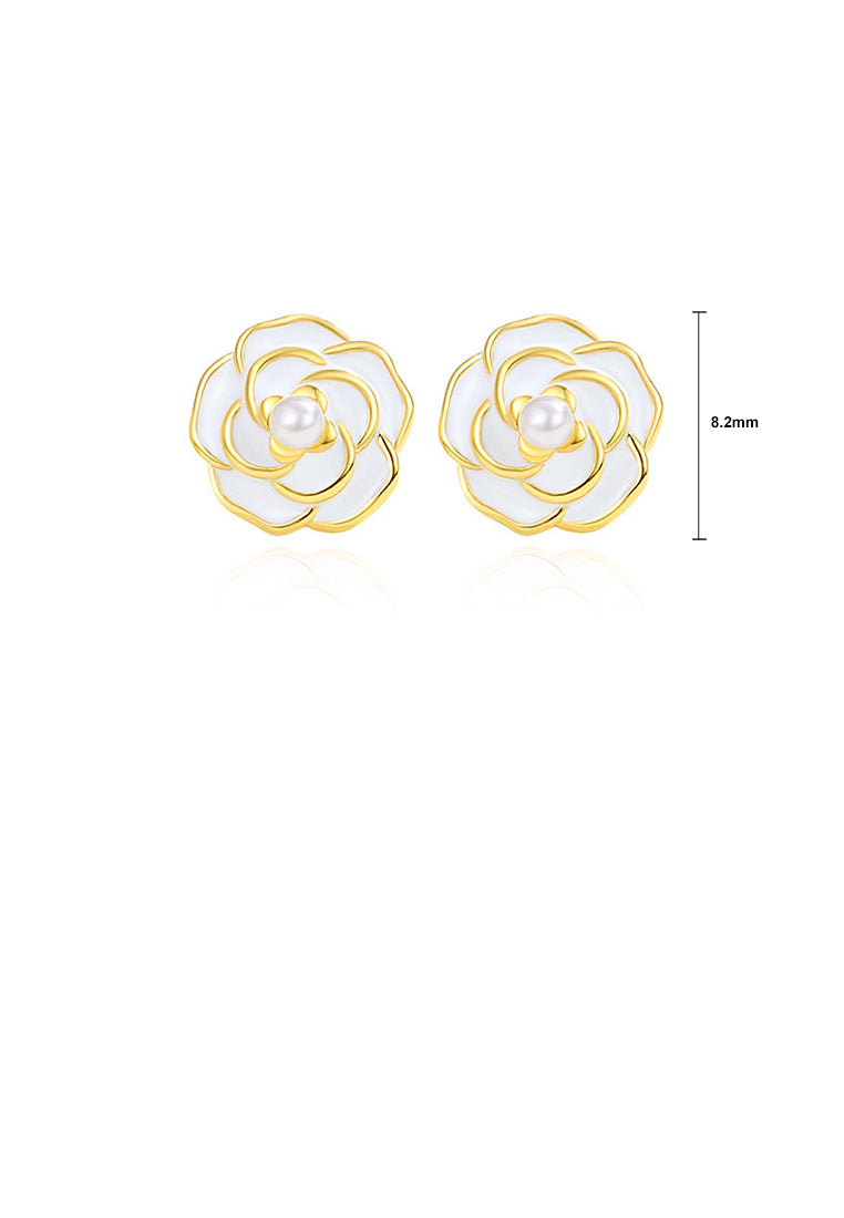 925 Sterling Silver Plated Gold Simple Elegant Camellia Imitation Pearl Stud Earrings - Luxurious Look