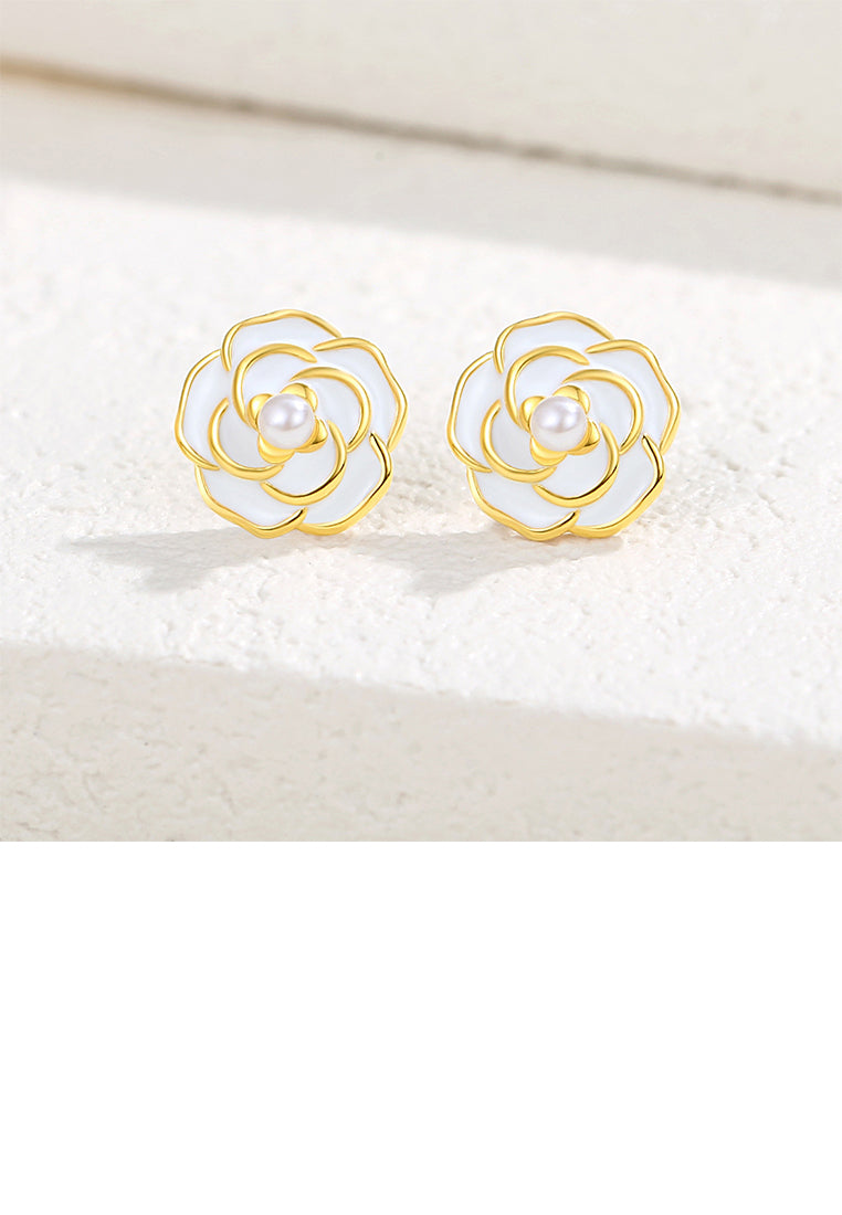925 Sterling Silver Plated Gold Simple Elegant Camellia Imitation Pearl Stud Earrings - Luxurious Look