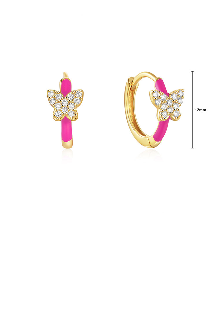 925 Sterling Silver Plated Gold Simple and Cute Butterfly Enamel Rose Red Geometric Earrings with Cubic Zirconia - Luxurious Look - Vibrant Color