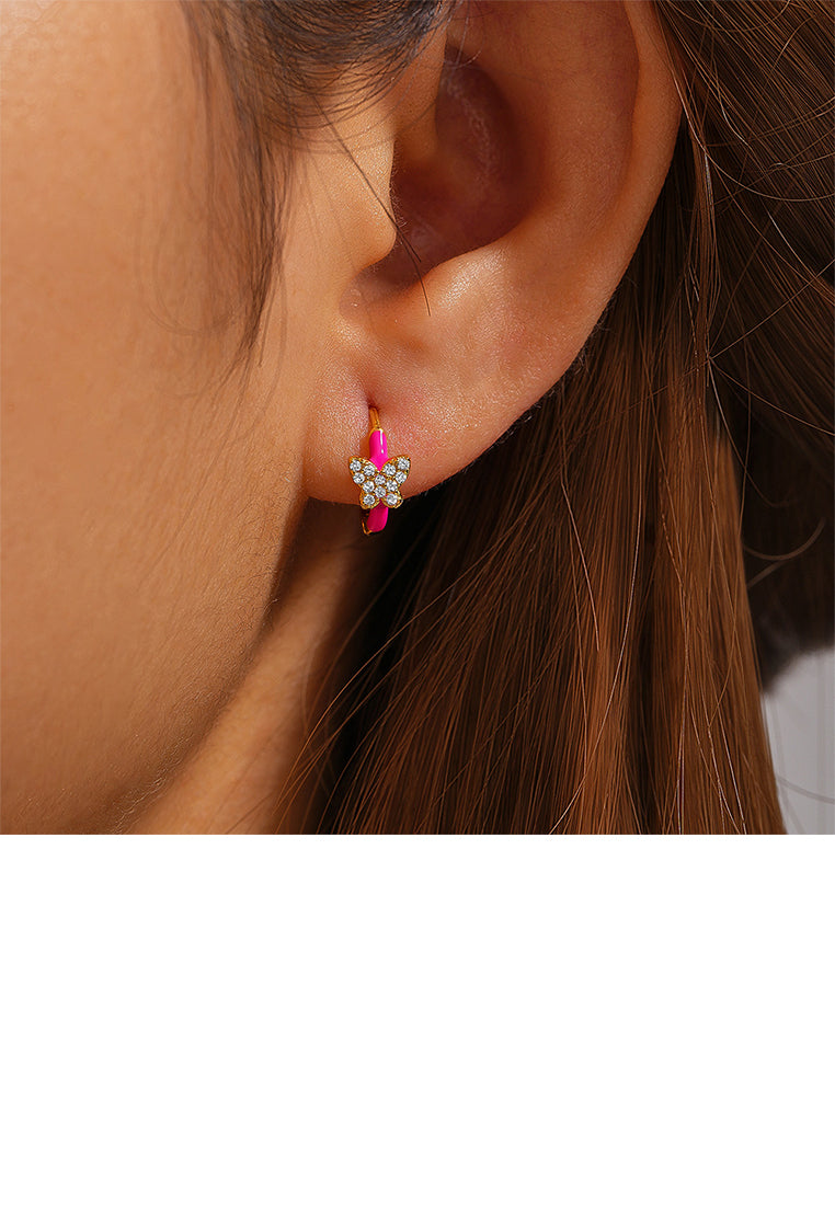 925 Sterling Silver Plated Gold Simple and Cute Butterfly Enamel Rose Red Geometric Earrings with Cubic Zirconia - Luxurious Look - Vibrant Color