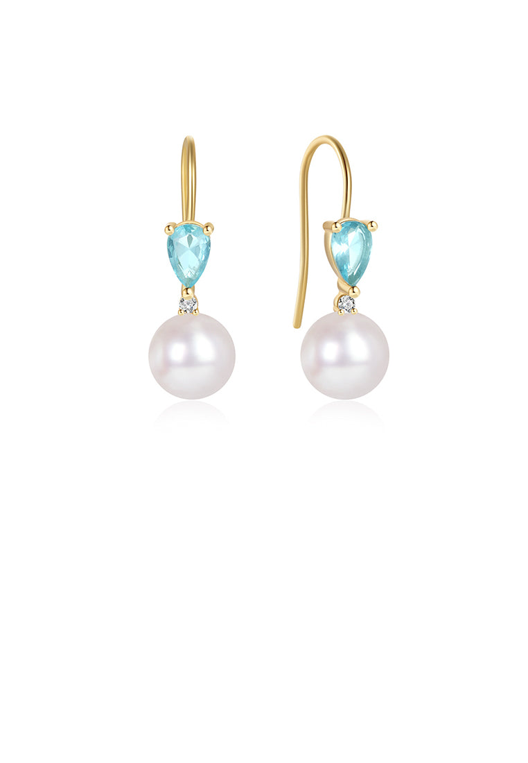 925 Sterling Silver Plated Gold Fashion and Elegant Water Drop-shaped Geometric Imitation Pearl Earrings with Cubic Zirconia - Luxurious Look