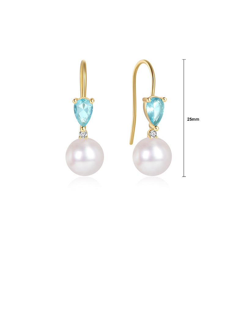 925 Sterling Silver Plated Gold Fashion and Elegant Water Drop-shaped Geometric Imitation Pearl Earrings with Cubic Zirconia - Luxurious Look