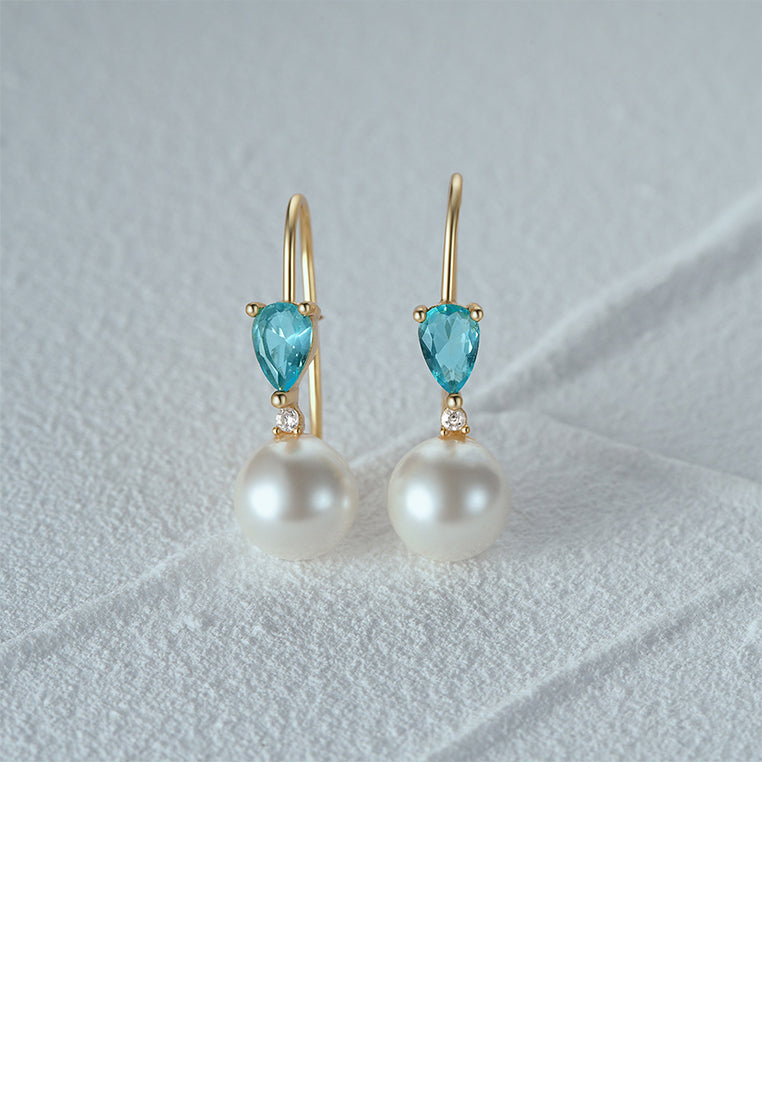 925 Sterling Silver Plated Gold Fashion and Elegant Water Drop-shaped Geometric Imitation Pearl Earrings with Cubic Zirconia - Luxurious Look