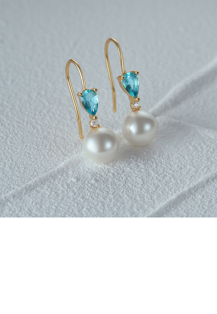 925 Sterling Silver Plated Gold Fashion and Elegant Water Drop-shaped Geometric Imitation Pearl Earrings with Cubic Zirconia - Luxurious Look