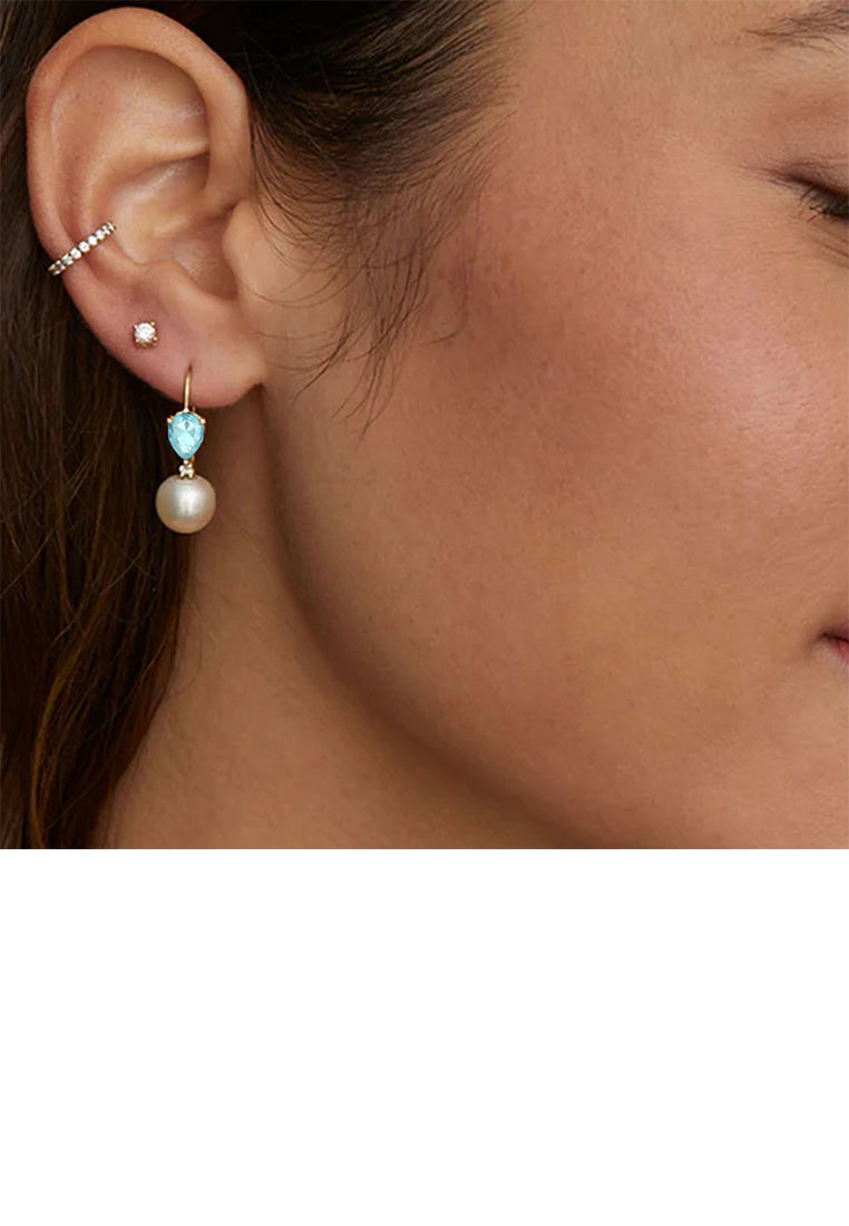 925 Sterling Silver Plated Gold Fashion and Elegant Water Drop-shaped Geometric Imitation Pearl Earrings with Cubic Zirconia - Luxurious Look