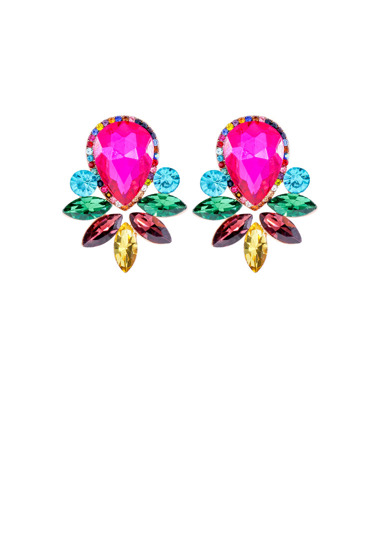 Fashion Brilliant Plated Gold Floral Stud Earrings with Rose Red Cubic Zirconia - Luxurious Look - Vibrant Color