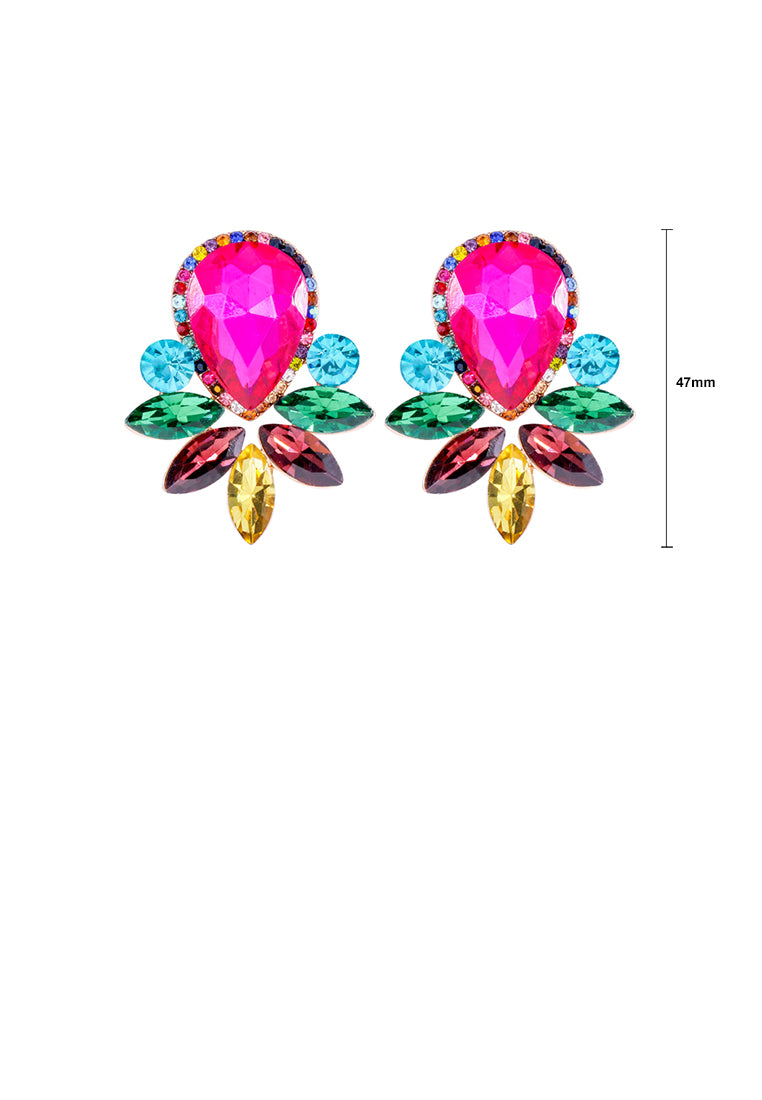 Fashion Brilliant Plated Gold Floral Stud Earrings with Rose Red Cubic Zirconia - Luxurious Look - Vibrant Color