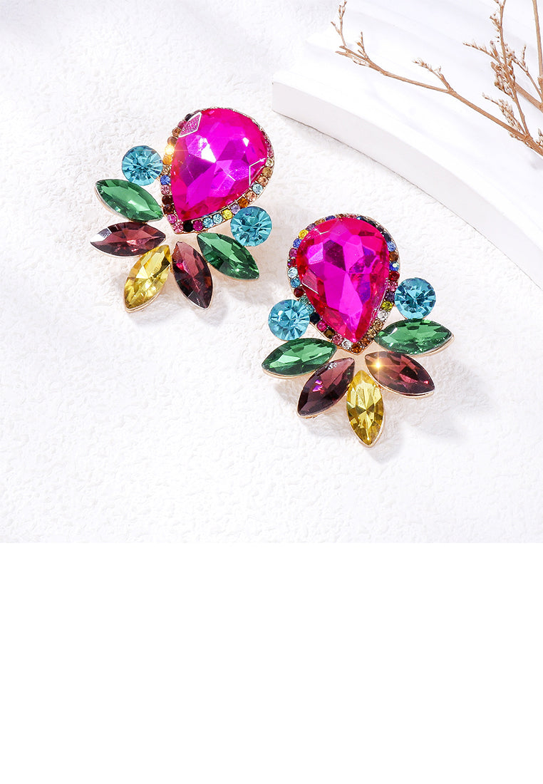 Fashion Brilliant Plated Gold Floral Stud Earrings with Rose Red Cubic Zirconia - Luxurious Look - Vibrant Color