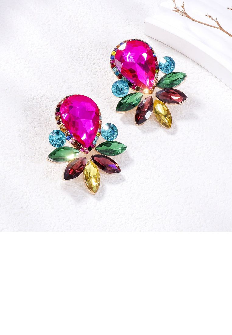 Fashion Brilliant Plated Gold Floral Stud Earrings with Rose Red Cubic Zirconia - Luxurious Look - Vibrant Color