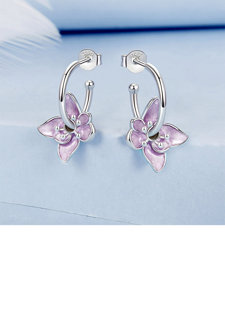 925 Sterling Silver Fashion and Elegant Enamel Purple Flower Earrings