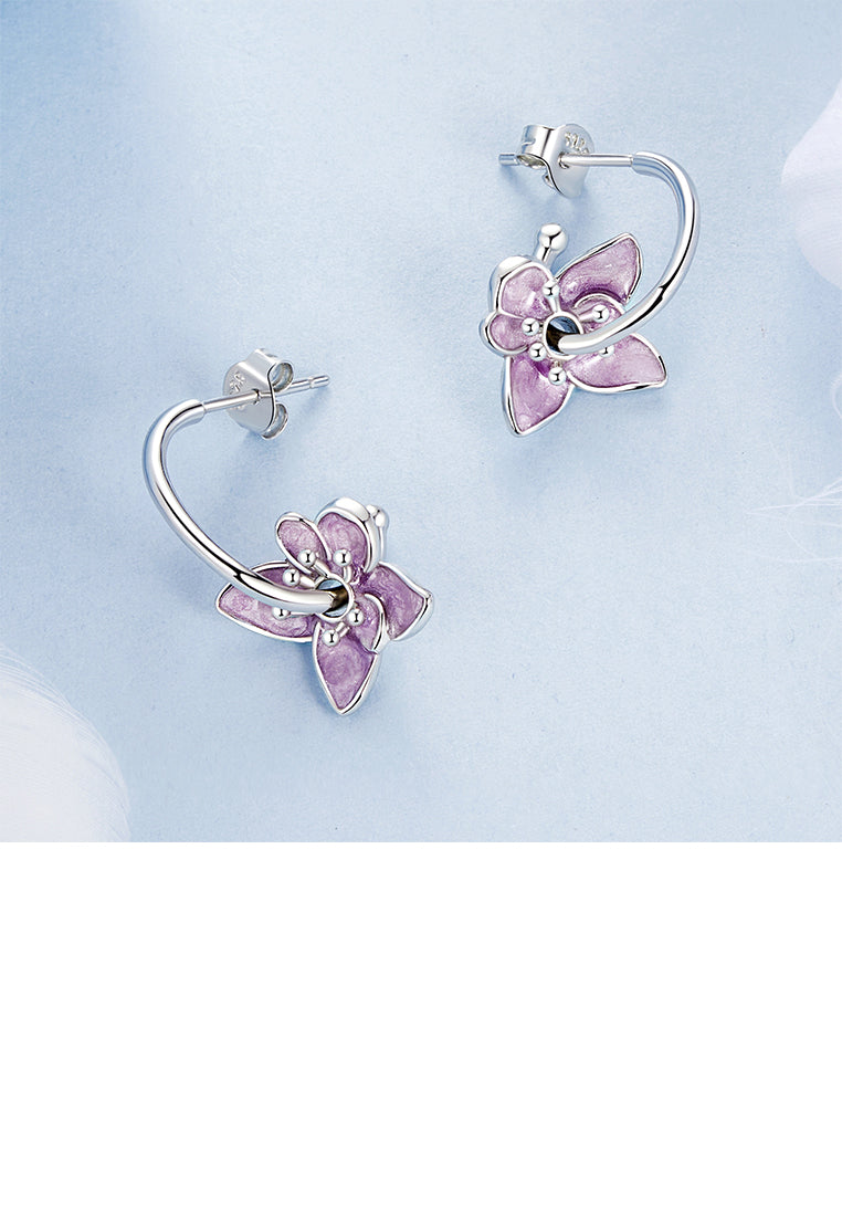 925 Sterling Silver Fashion and Elegant Enamel Purple Flower Earrings