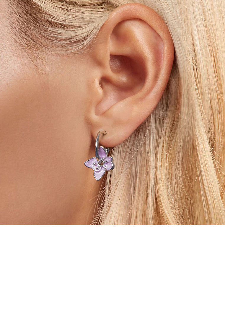 925 Sterling Silver Fashion and Elegant Enamel Purple Flower Earrings