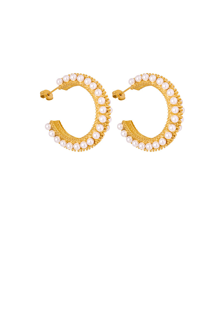 Fashion and Elegant Plated Gold 316L Stainless Steel C-shaped Geometric Stud Earrings with Imitation Pearls