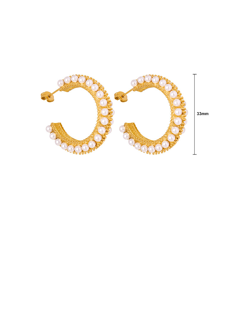 Fashion and Elegant Plated Gold 316L Stainless Steel C-shaped Geometric Stud Earrings with Imitation Pearls