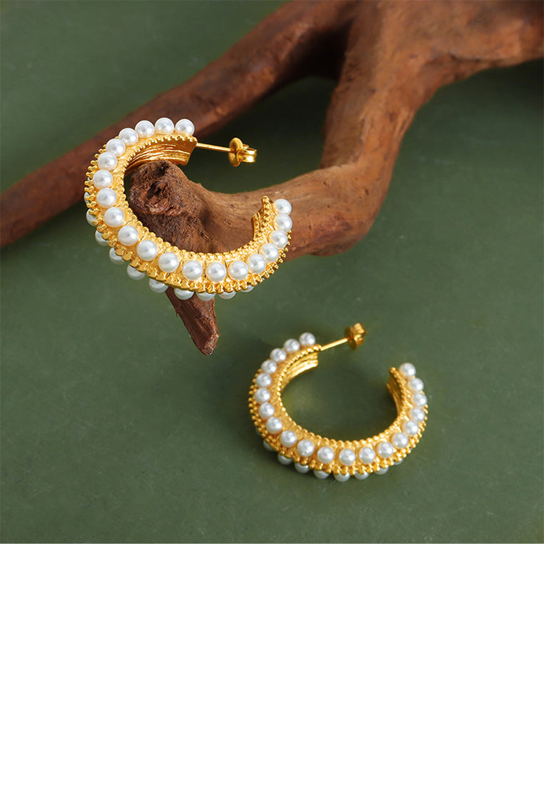 Fashion and Elegant Plated Gold 316L Stainless Steel C-shaped Geometric Stud Earrings with Imitation Pearls