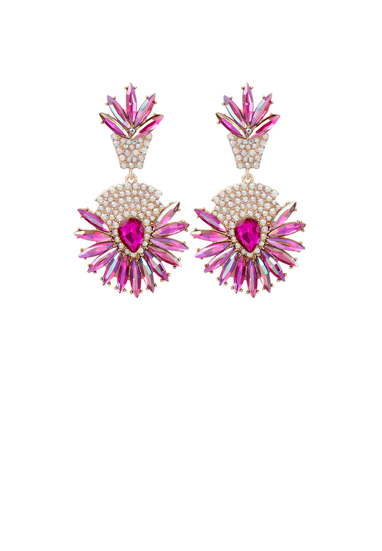Fashion Brilliant Plated Gold Floral Geometric Round Earrings with Pink Cubic Zirconia - Luxurious Look - Vibrant Color