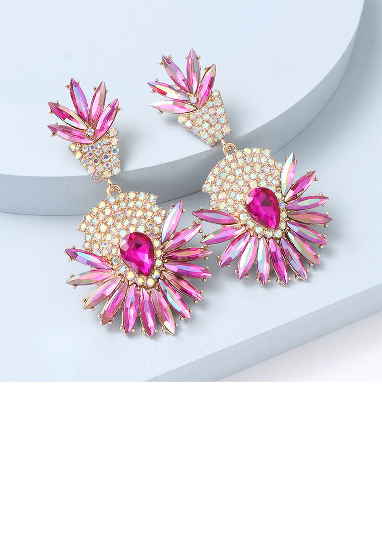 Fashion Brilliant Plated Gold Floral Geometric Round Earrings with Pink Cubic Zirconia - Luxurious Look - Vibrant Color